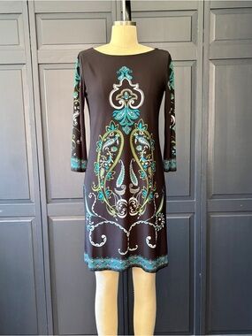 London Times Black Shift Dress with Teal and Lime Paisley Print